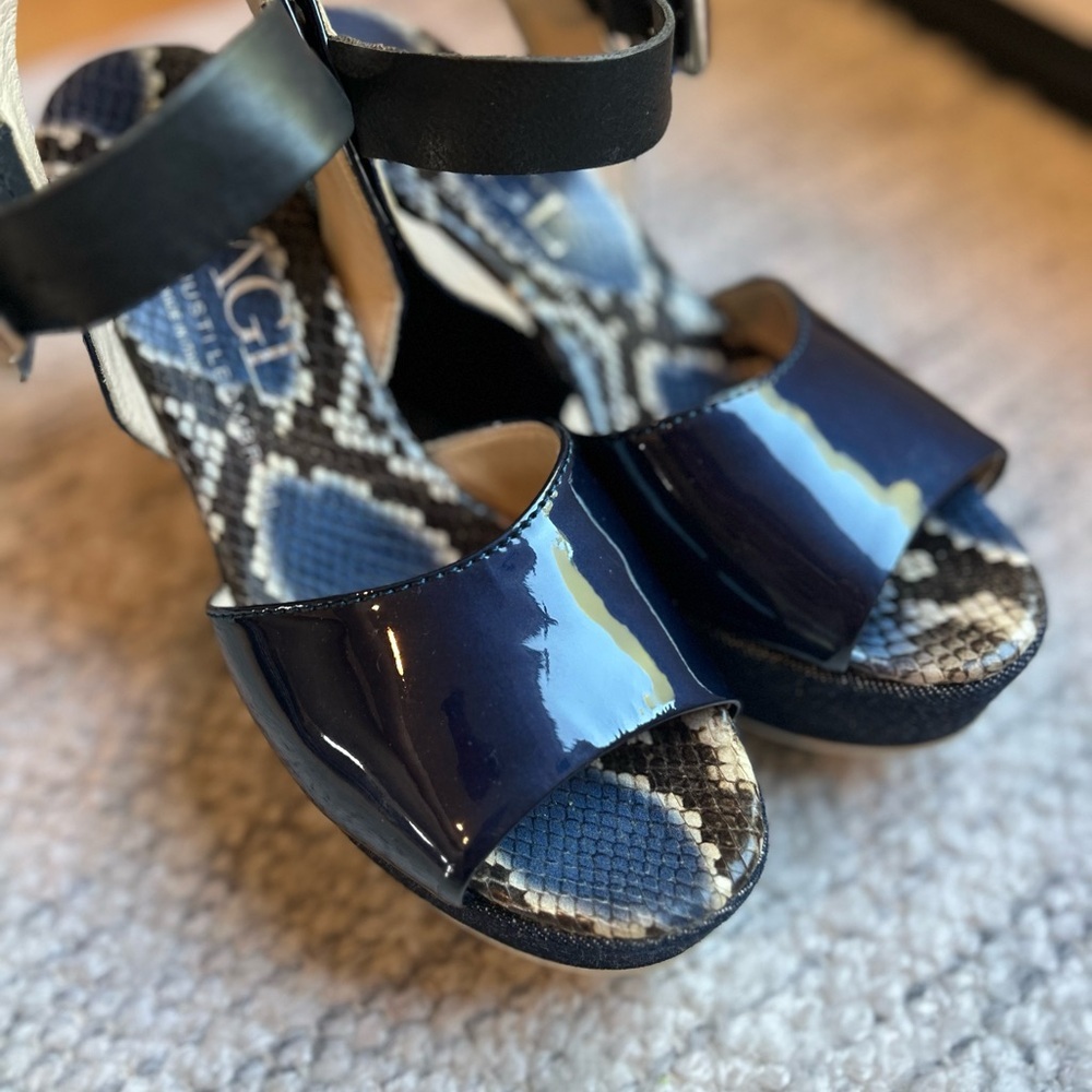 AGL Women’s Snakeskin Leather Patent Navy Denim Ankle Strap Wedges Shoes - Picture 2 of 15